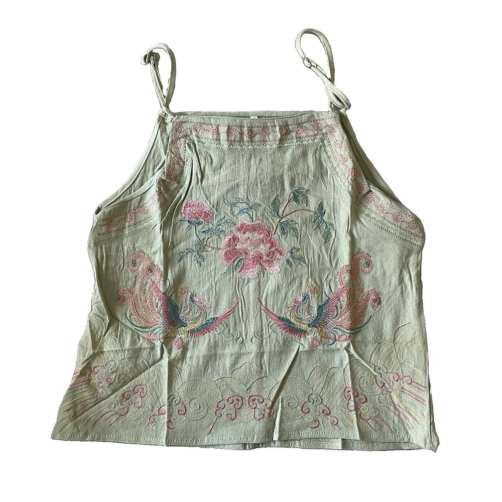 Boho Embroidered Phoenix Bird Peony Tank Top Green Cami Women's S Art To Wear